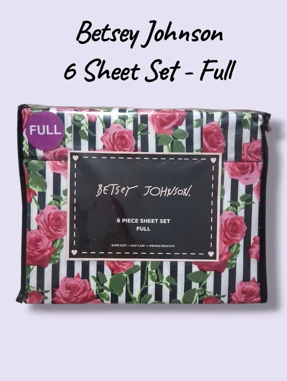 Nwt Betsey Johnson Full Sheet Set - Pink Roses on Black & White Stripe